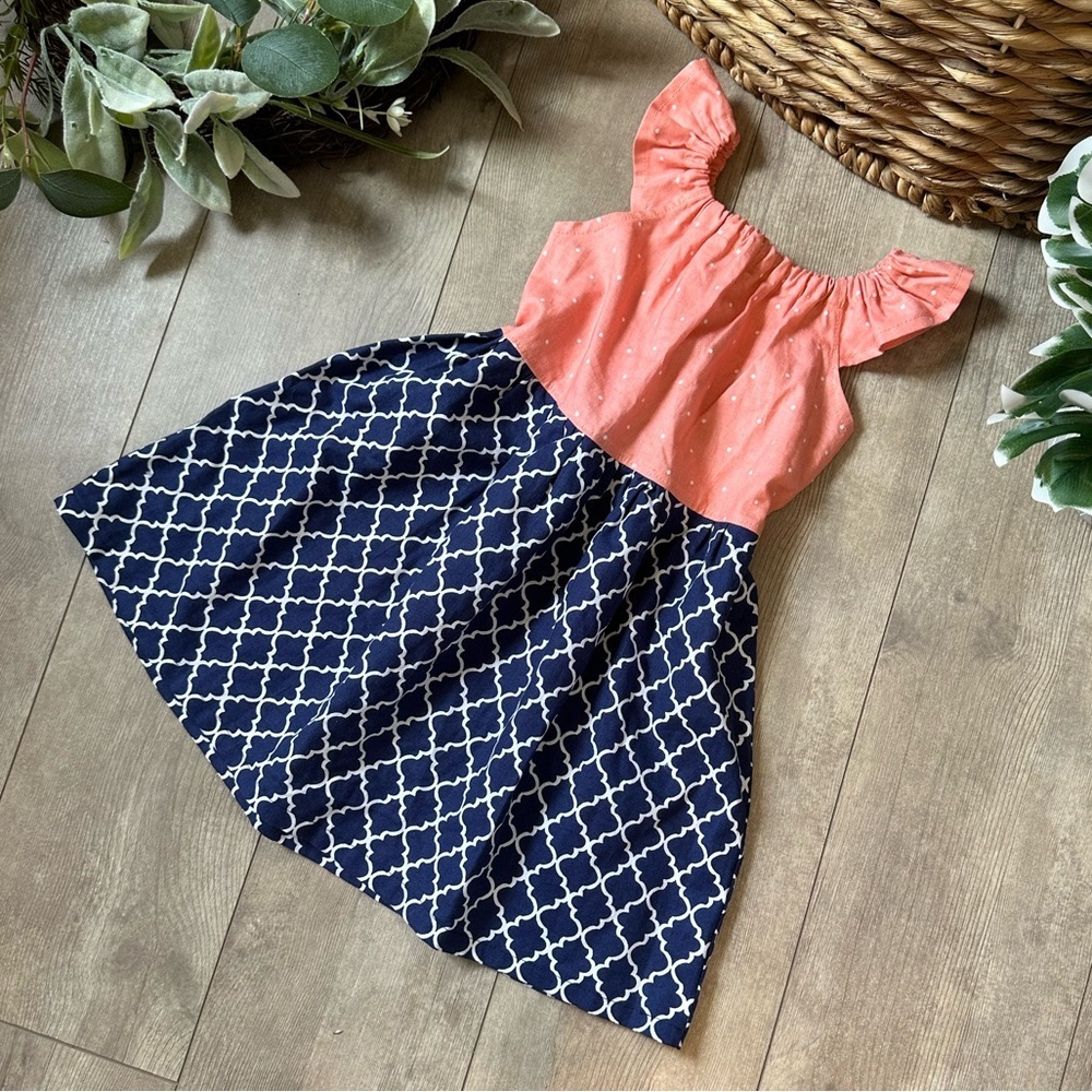 Vintage Toddler Girl’s Dress Multi Patterned Coral and Navy